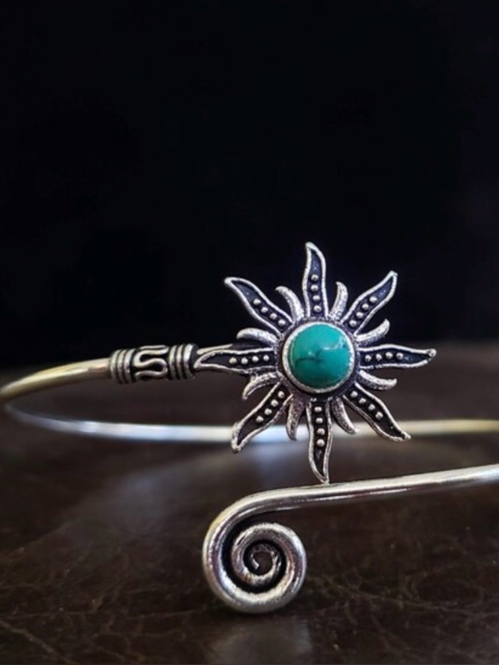 Turquoise upper arm cuff silver Sunburst  adjustable bangle - Women Jewelry